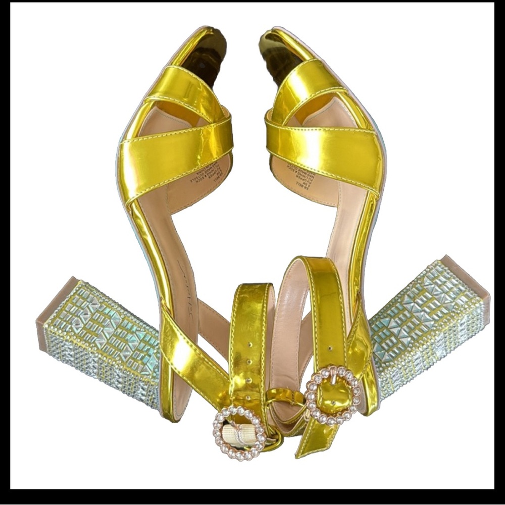 Betsey Johnson SB-Bell Yellow Gold Metallic Crystal Embellished Heel Sandals 8